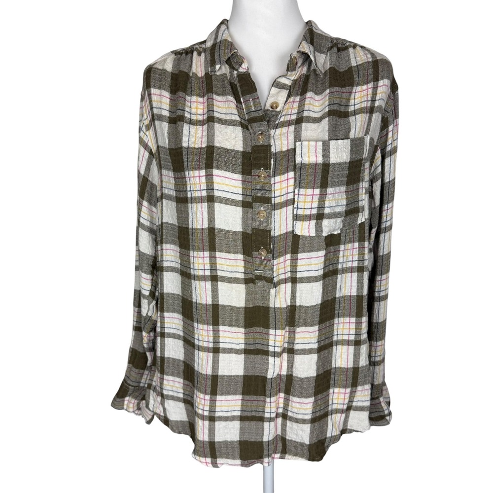 Anthropologie Plaid Collar Top Olive Green Back Button Detail Womens Medium